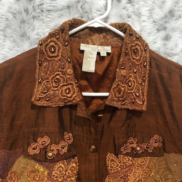 Daniel K New York Womens Embroidered Applique Silk Jacket Medium Rust - Picture 5 of 9